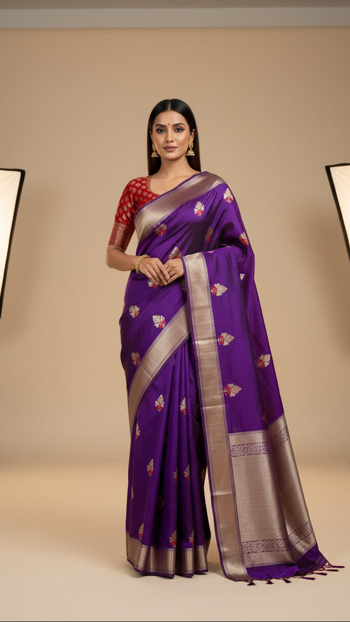 Royal Purple Pure Silk Banarasi Saree with Red Blouse & Golden Zari Floral Motifs | Chandrika Lifestyles