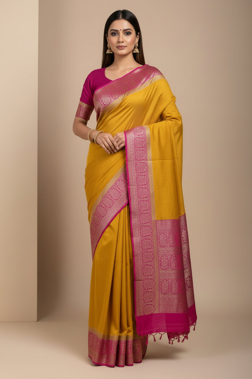 Mango Yellow Pure Banarasi Khaddi Crepe Silk Saree with Pink Border & Pallu | Chandrika Lifestyles