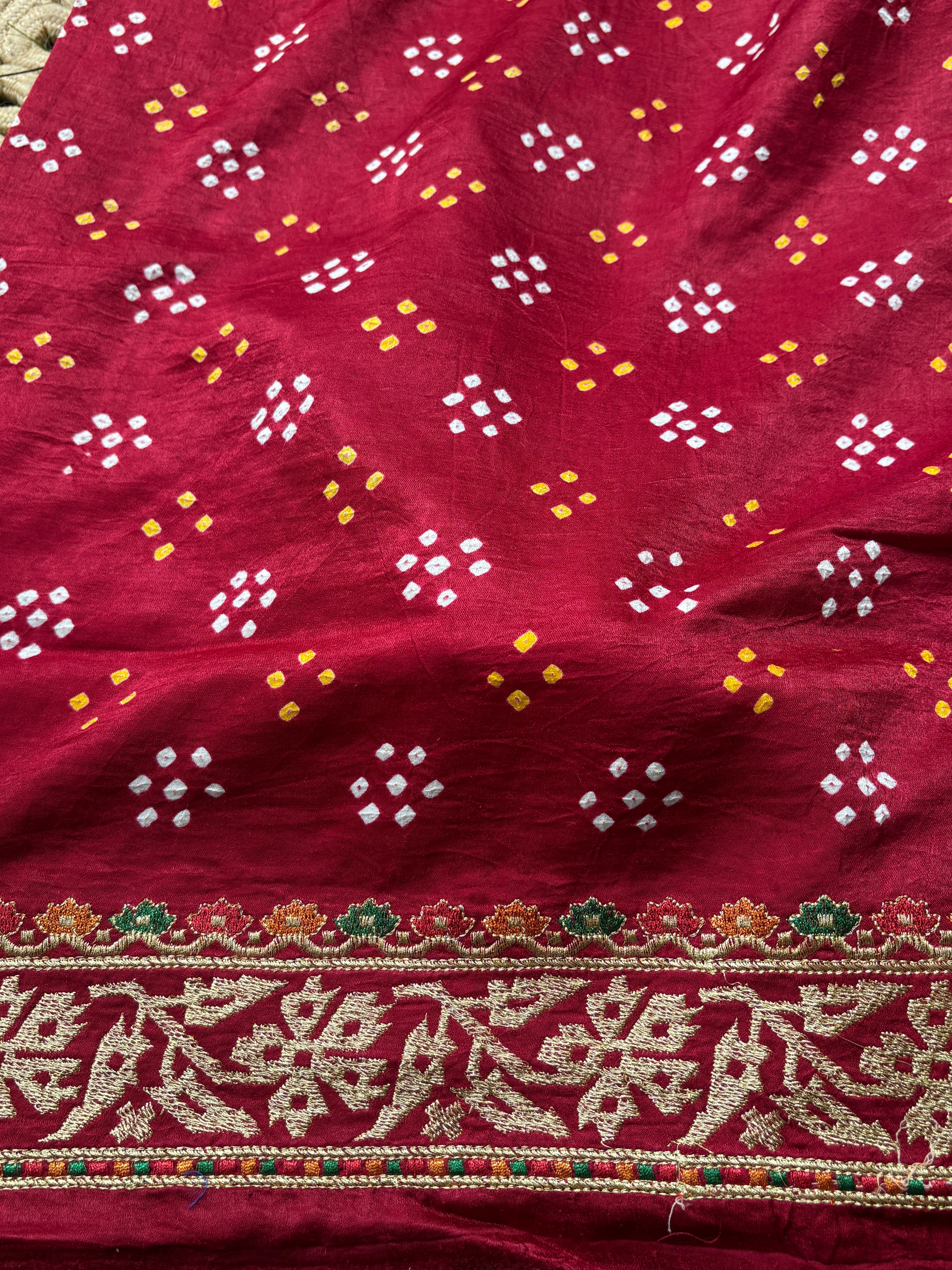 Blood Red Gajji Silk Bandhej Saree with Zari Weaving | Chandrika Lifestyles