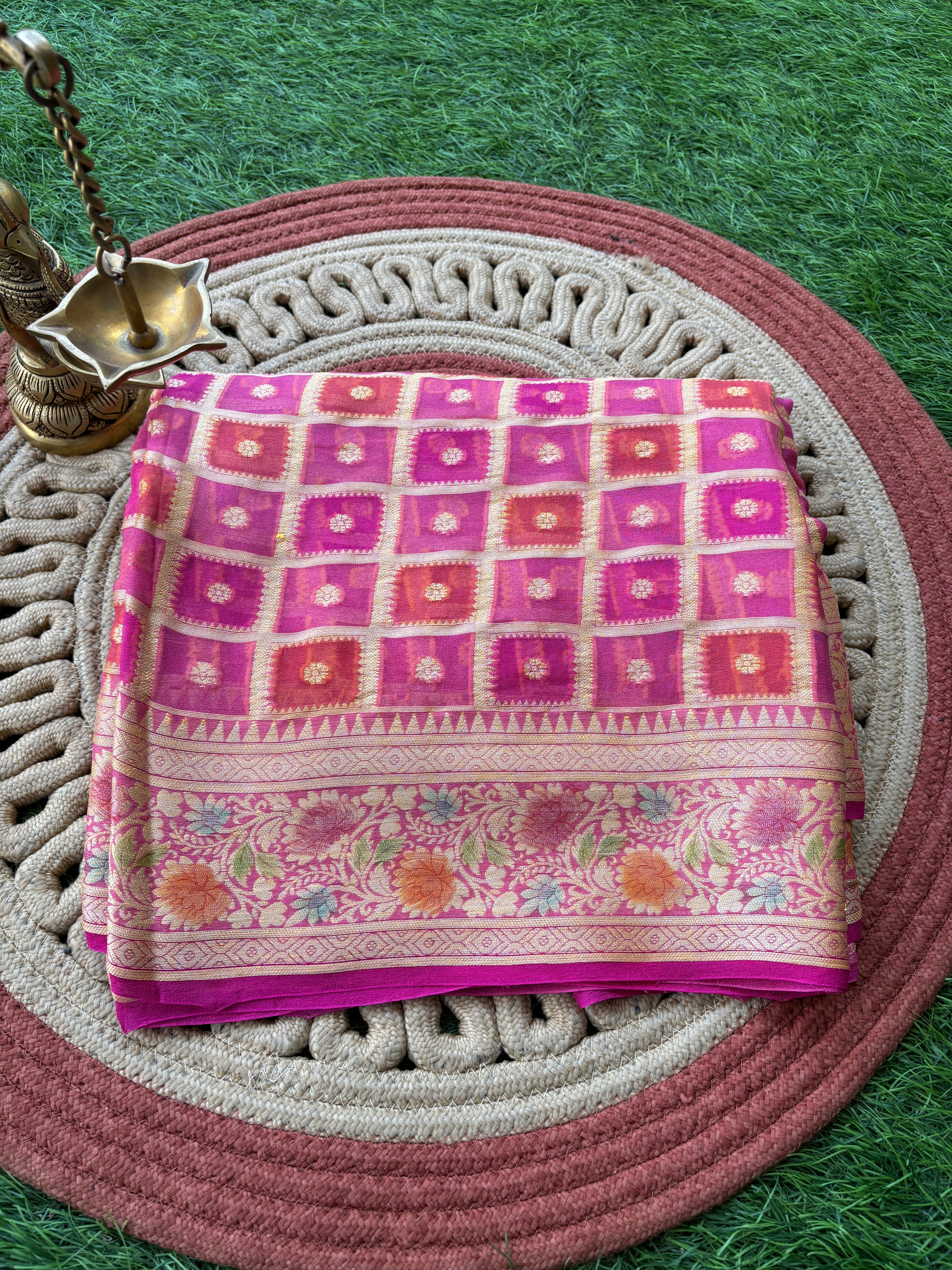 Pink Khaddi Georgette Banarasi Saree with Allover Gharchola Design | Chandrika Lifestyles