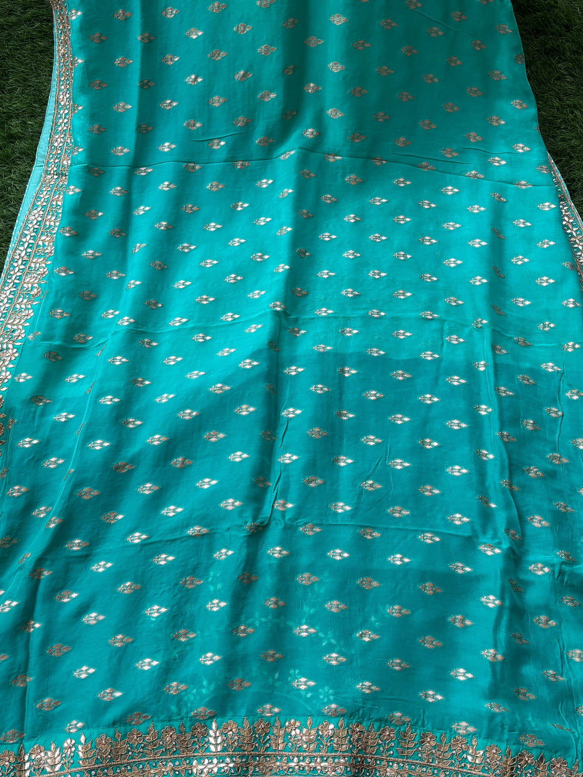 Royal Sea Green Pure Muga Silk Saree with Gota Patti Border & Buta Work (Blue Blouse)