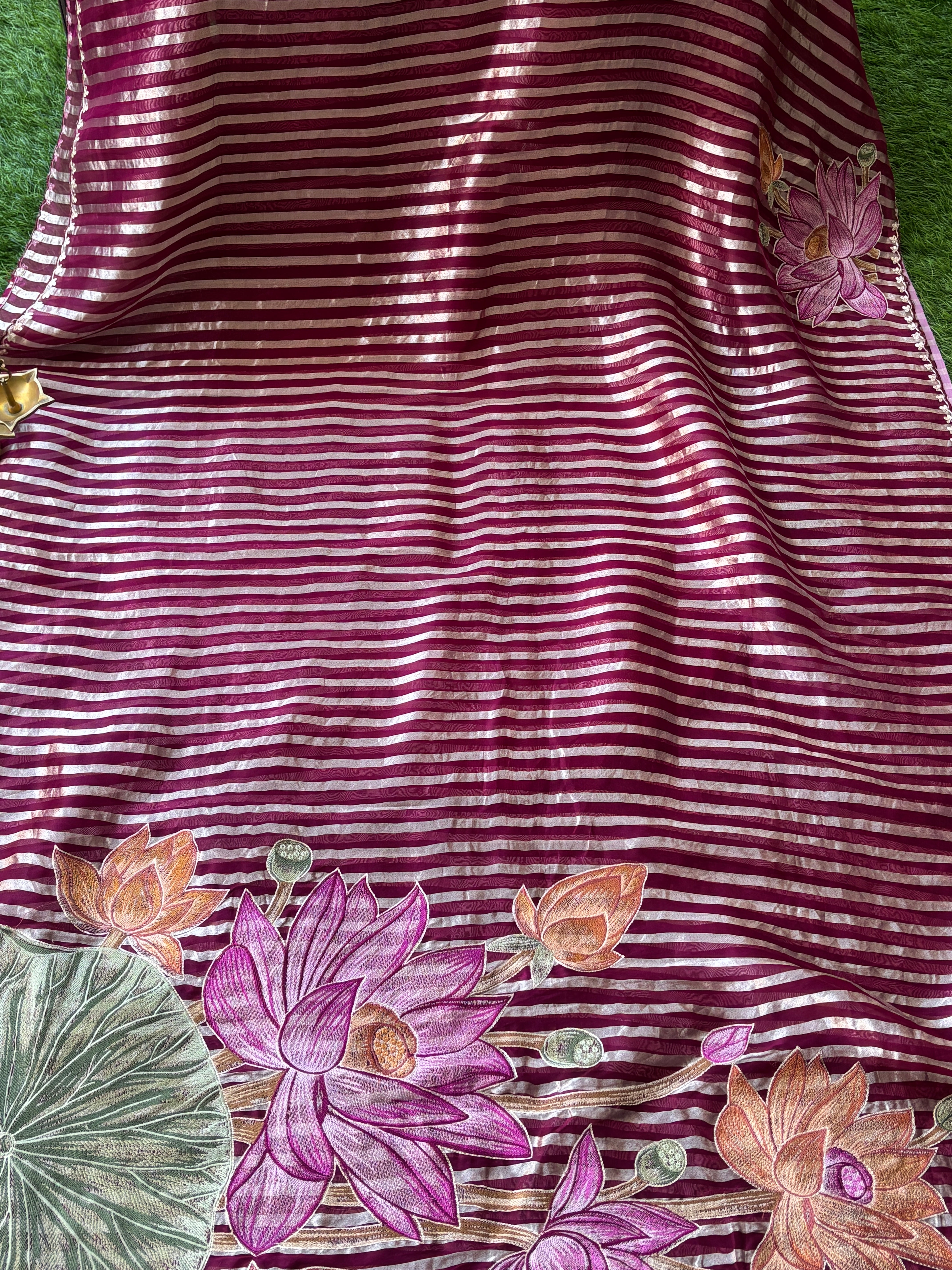Rani Pink Kora Organza Tissue Silk Saree with Silver Zari Stripes & Embroidered Buttas