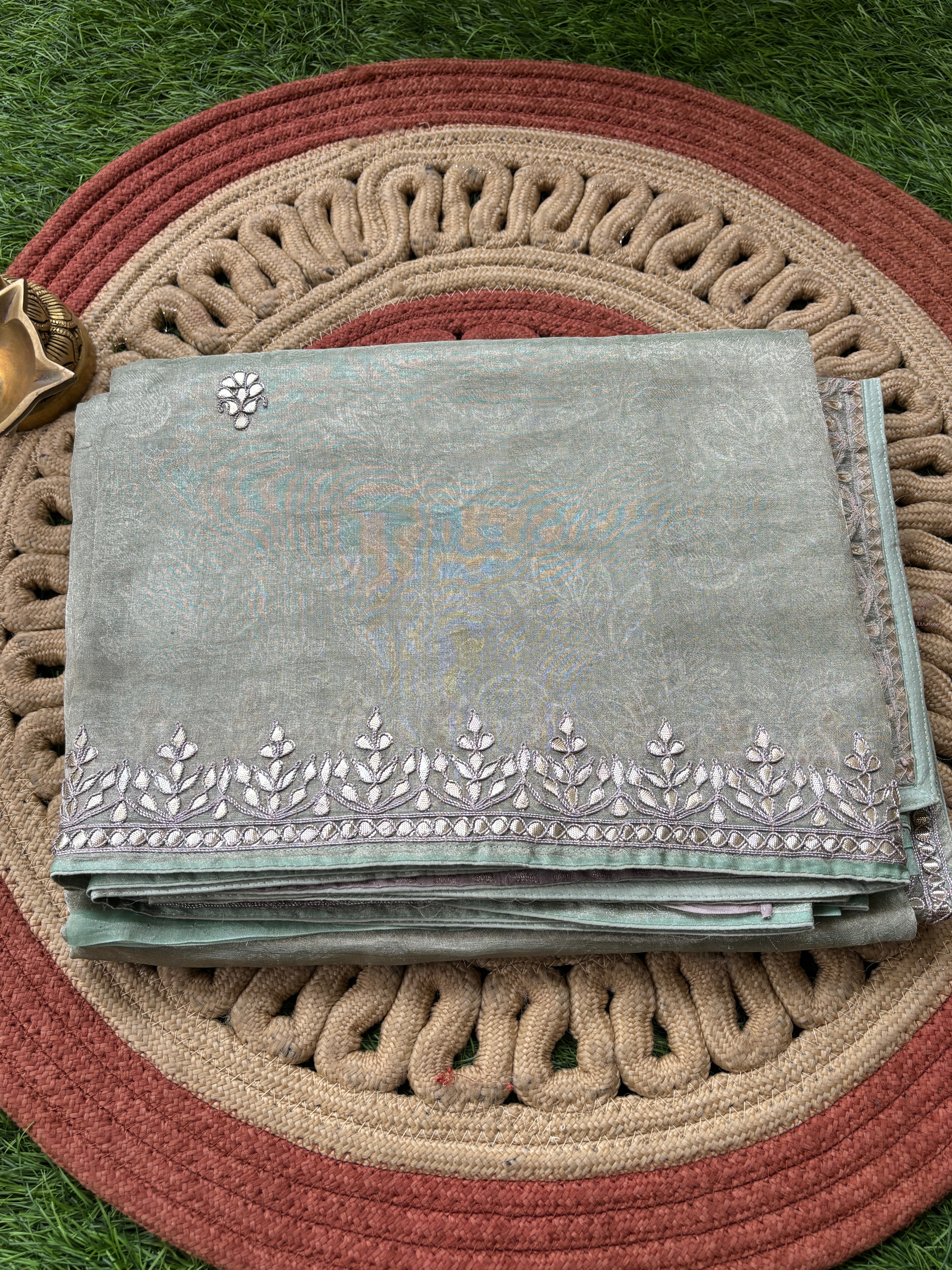 Elegant Pista Pure Tissue Silk Saree with Gota Buttas & Designer Gota Border