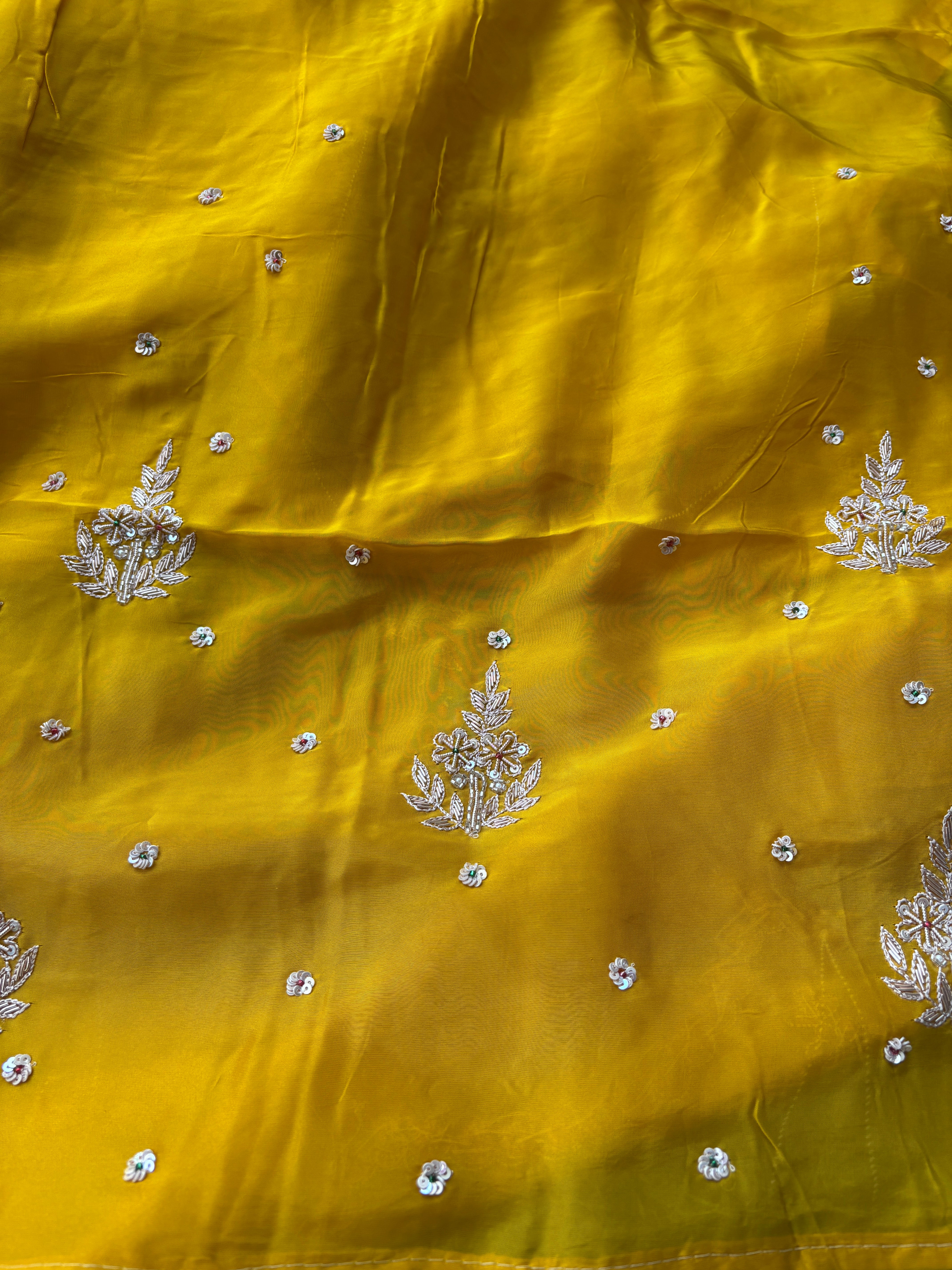 Mango Yellow Pure Crepe Silk Saree with Scallop & Zardozi Work | Chandrika Lifestyles