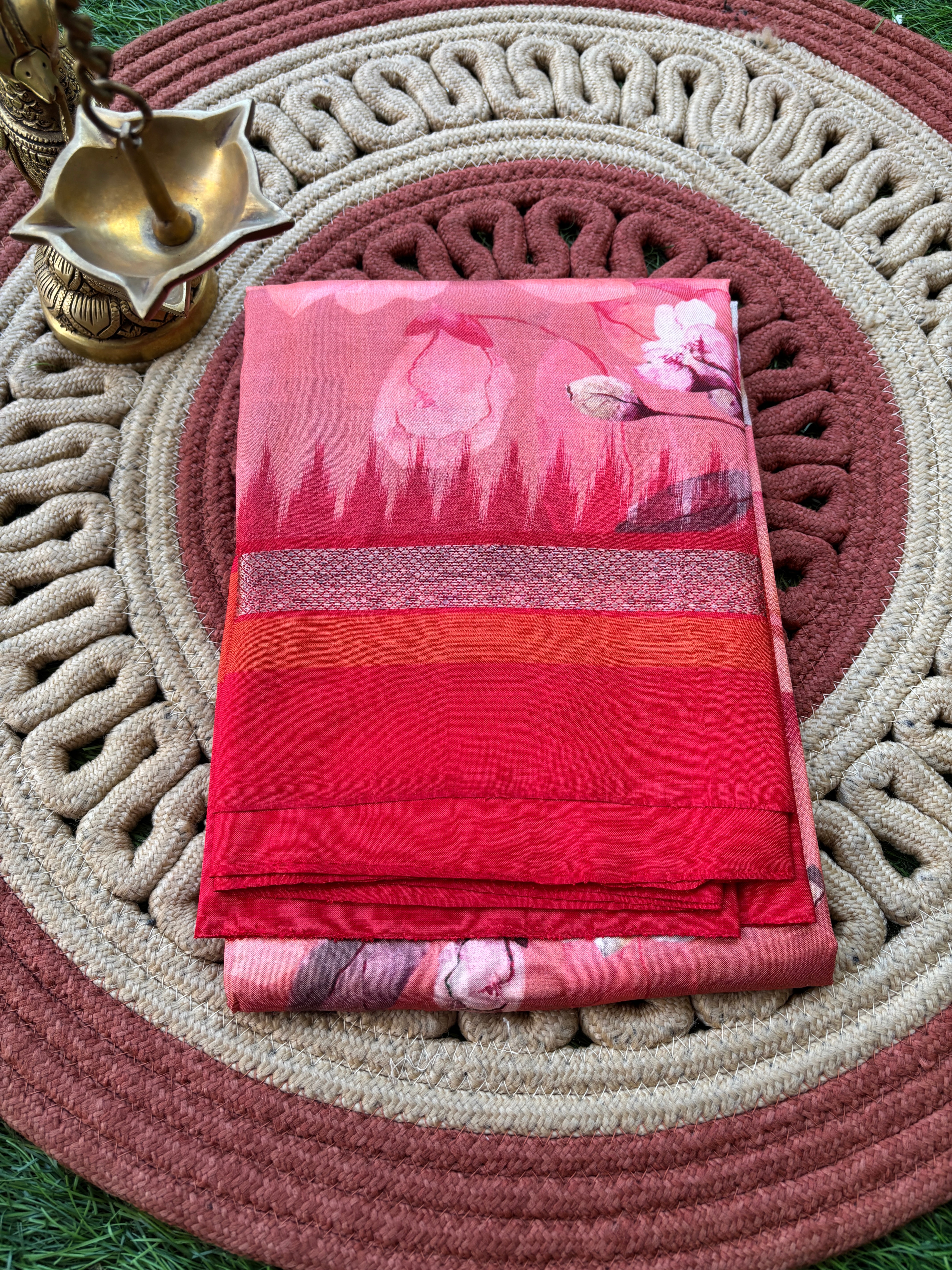 Peach Pink Pure Silk Floral Printed Saree with Red Ikat Border and Ikat Pallu