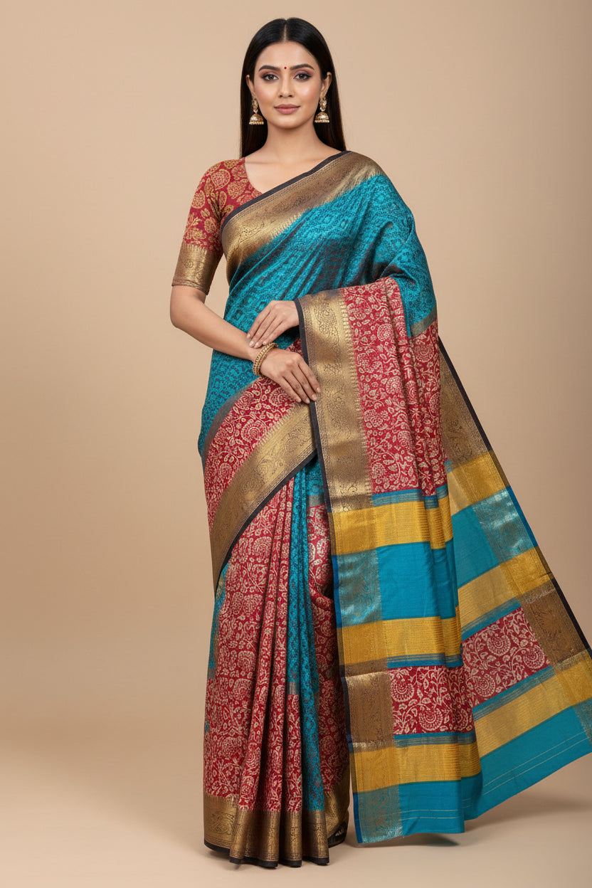 Multicolor Handwork Printed Cotton Saree