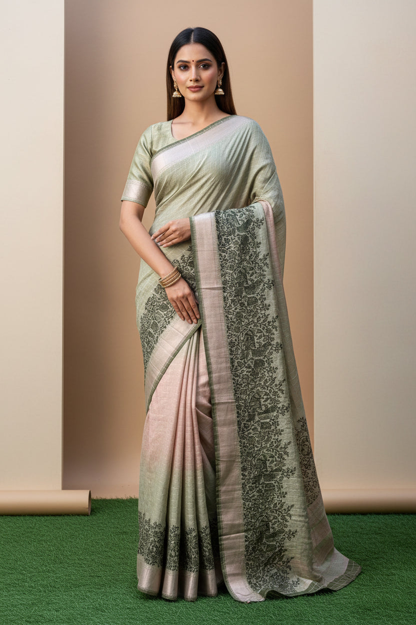 Pastel Pista Banarasi Georgette Saree with Zari Checks and Zari Woven Border