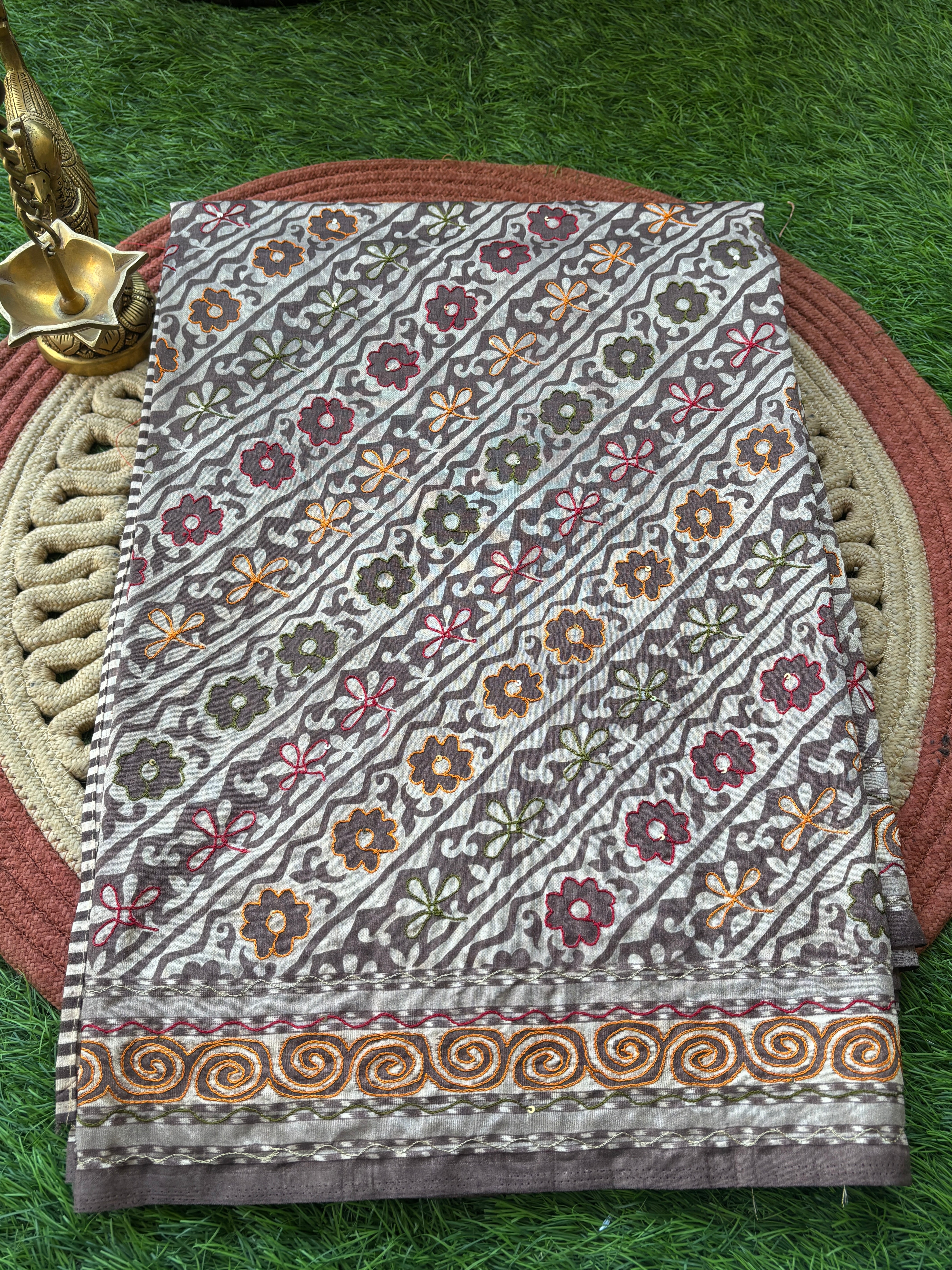 Coffee Brown Mercerized Cotton Saree with Multicolour Thread Weaving | Chandrika Lifestyles
