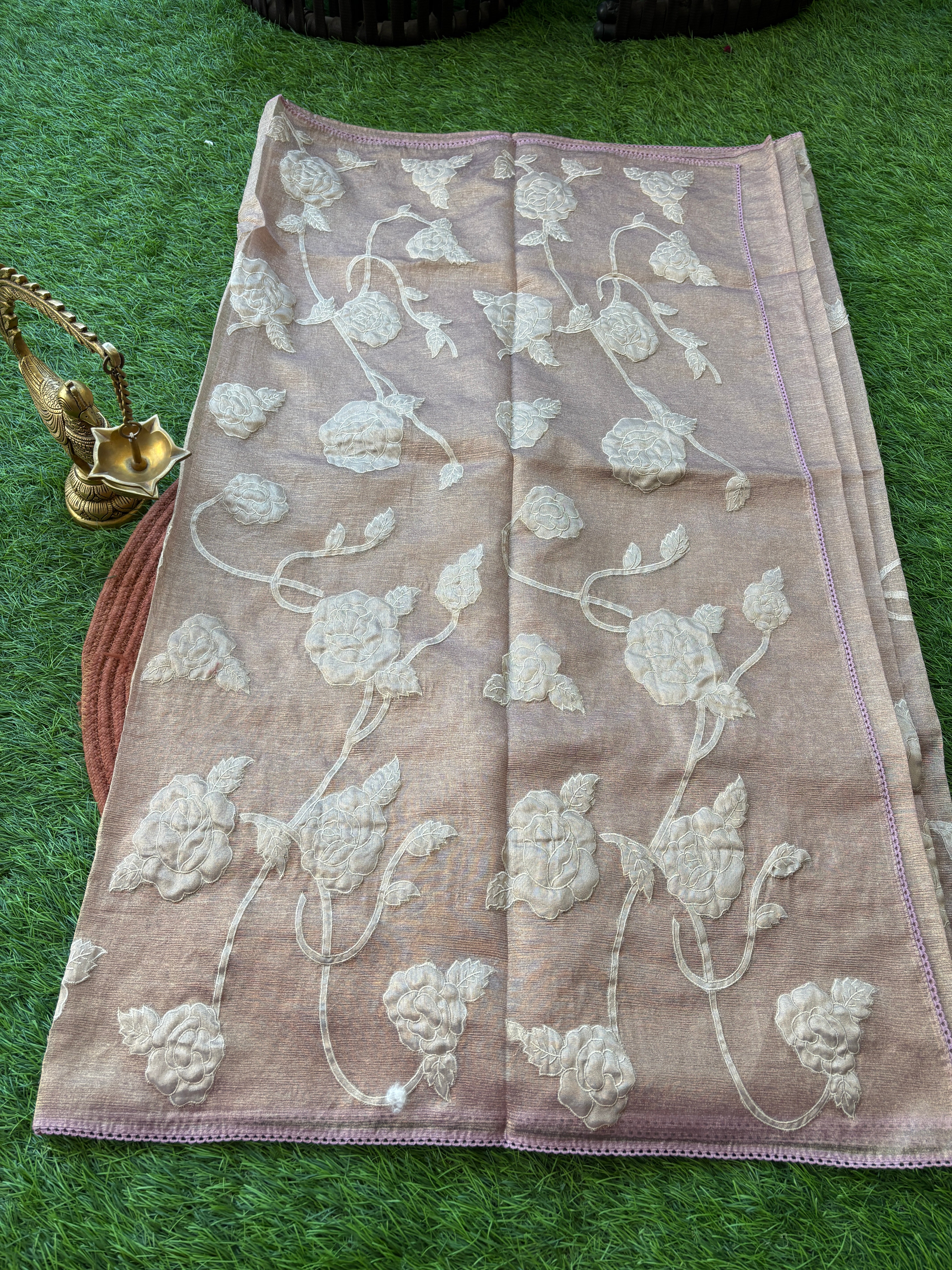 Metallic Onion Pink Tissue Saree with Allover Applique Work | Chandrika Lifestyles