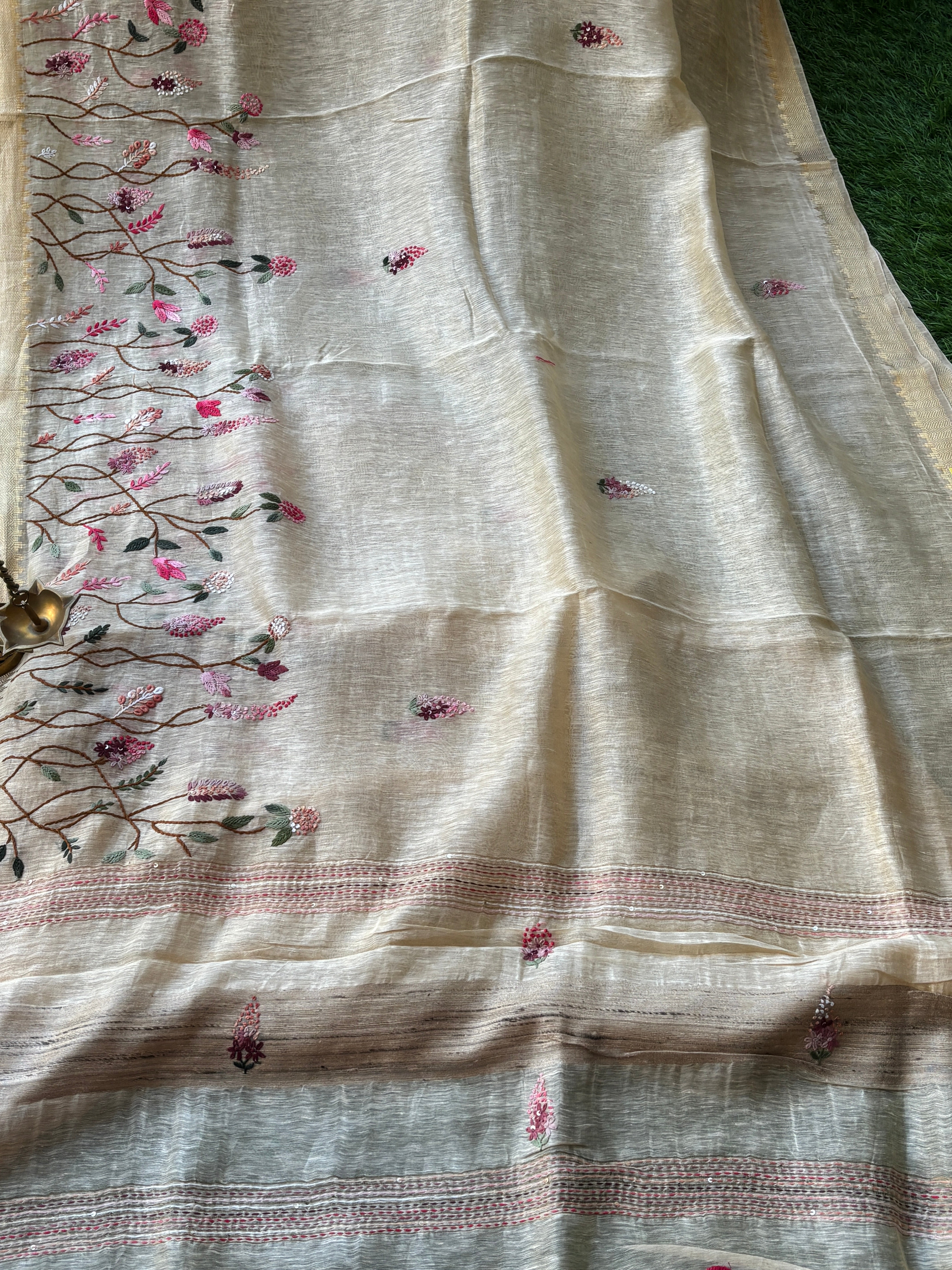Off-White Pure Linen Saree with Allover Floral Embroidery | Chandrika Lifestyles