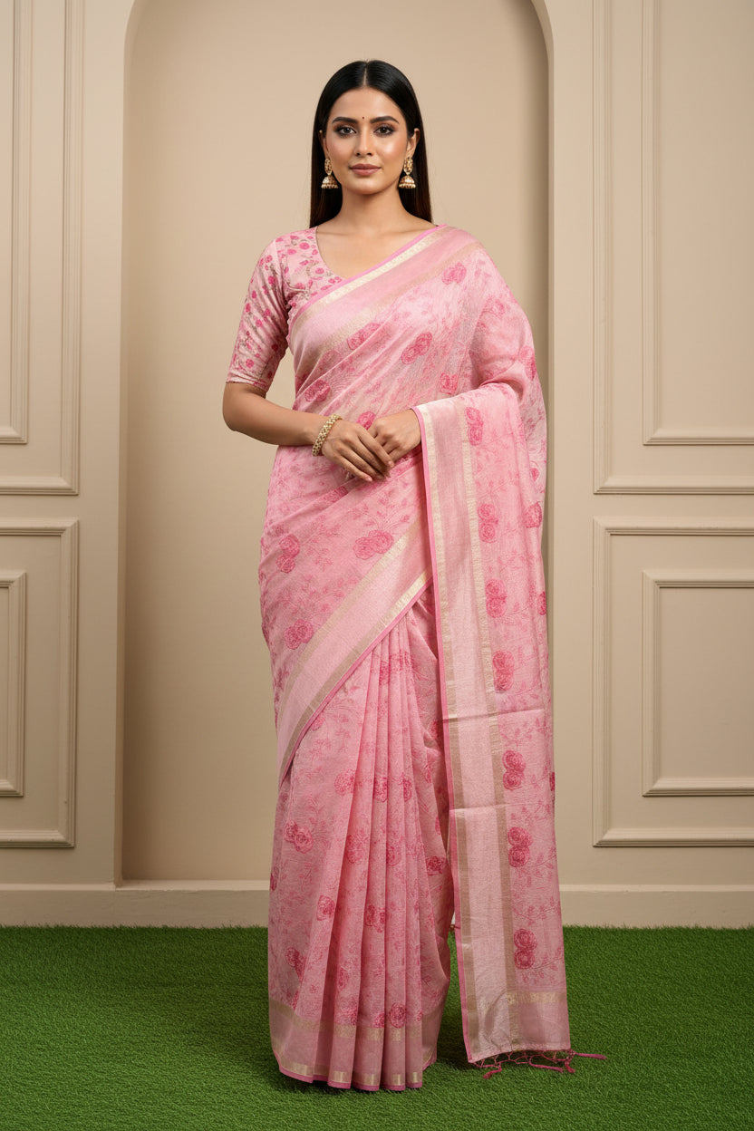 Baby Pink Banarasi Mercerized Cotton Saree with Allover Floral Embroidery | Chandrika Lifestyles