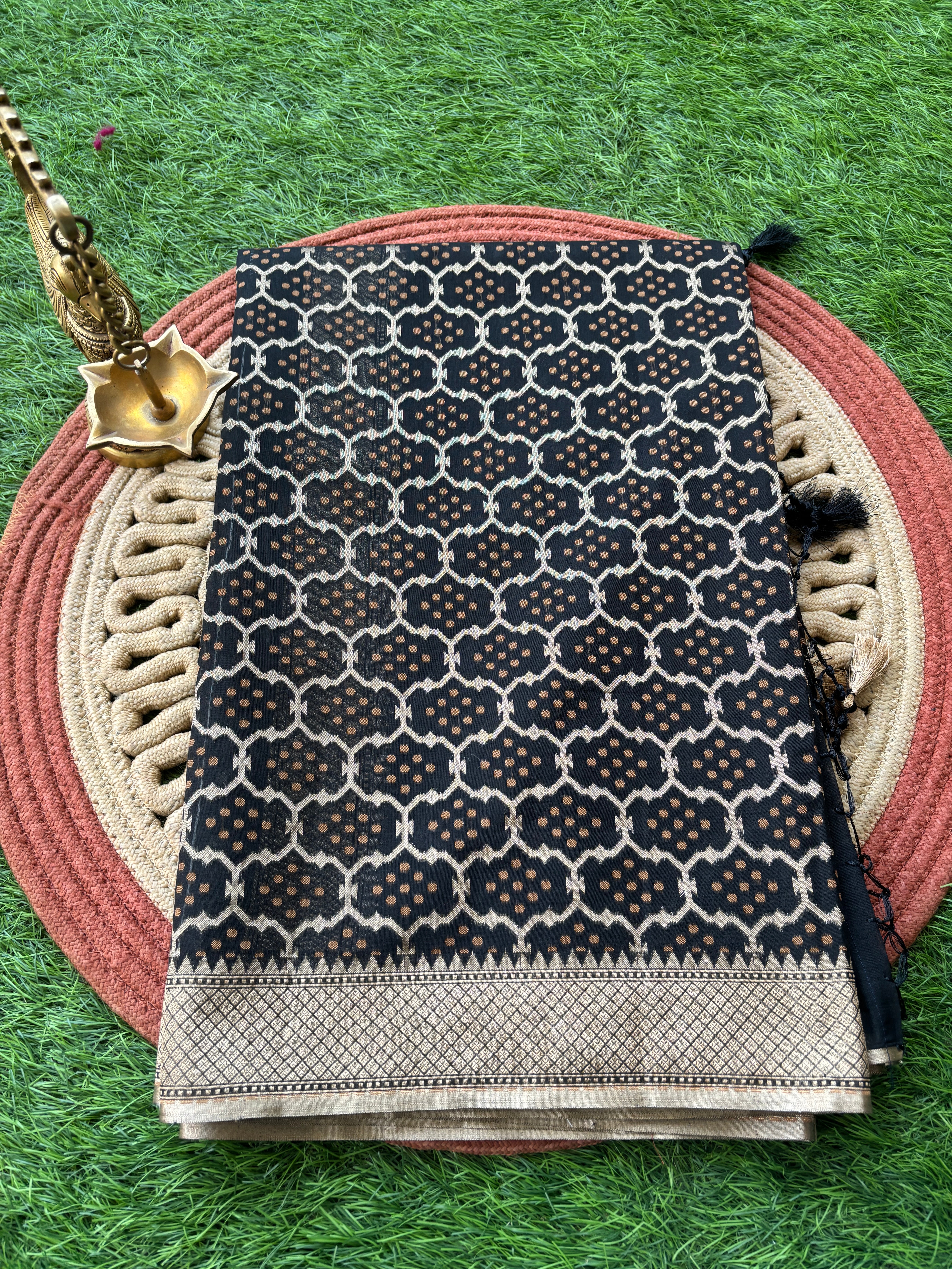 Black Banarasi Mercerized Cotton Saree with Allover Jaal | Chandrika Lifestyles