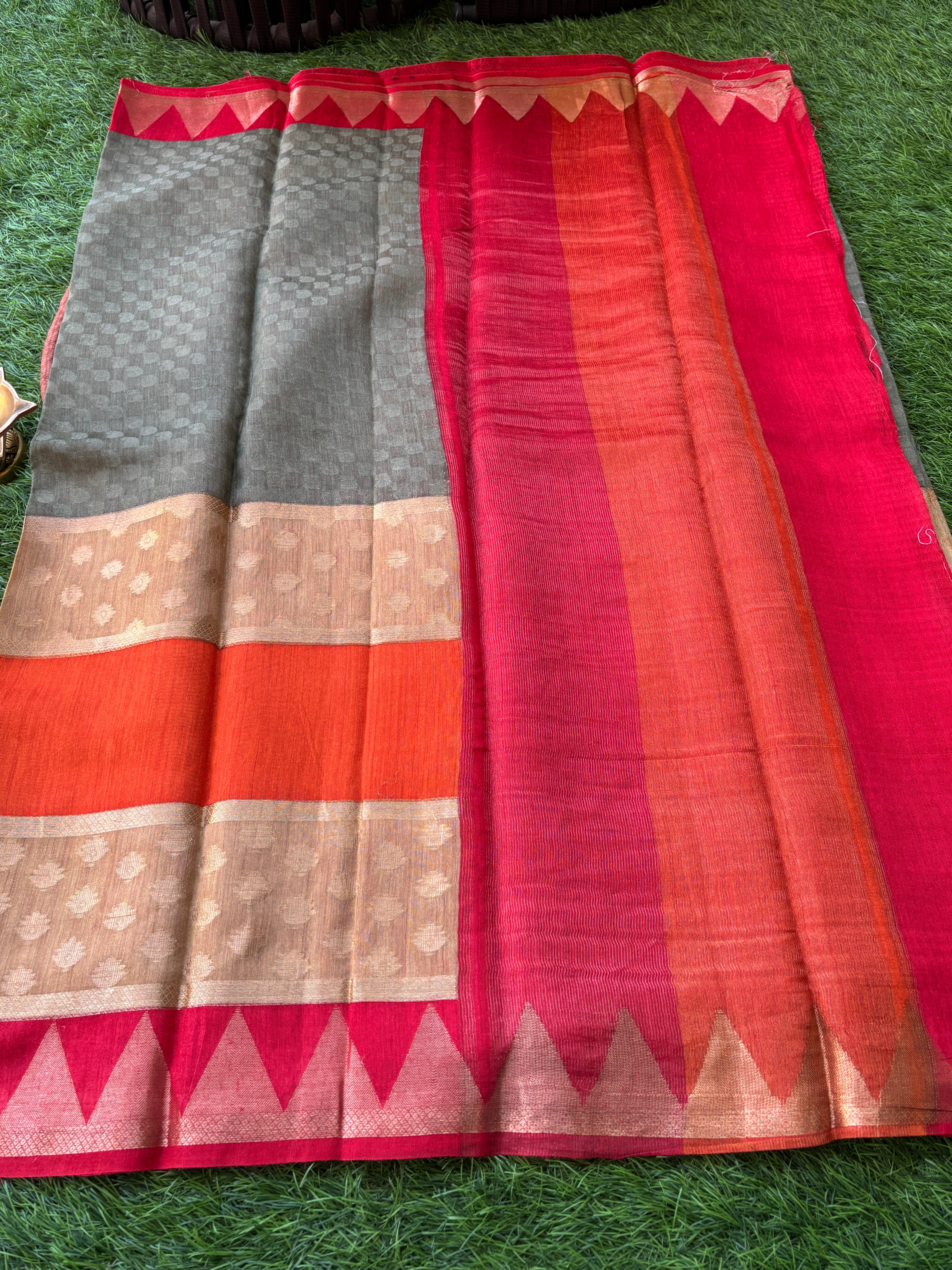 Grey Munga Silk Saree with Red Border & Multicolour Stripes | Chandrika Lifestyles