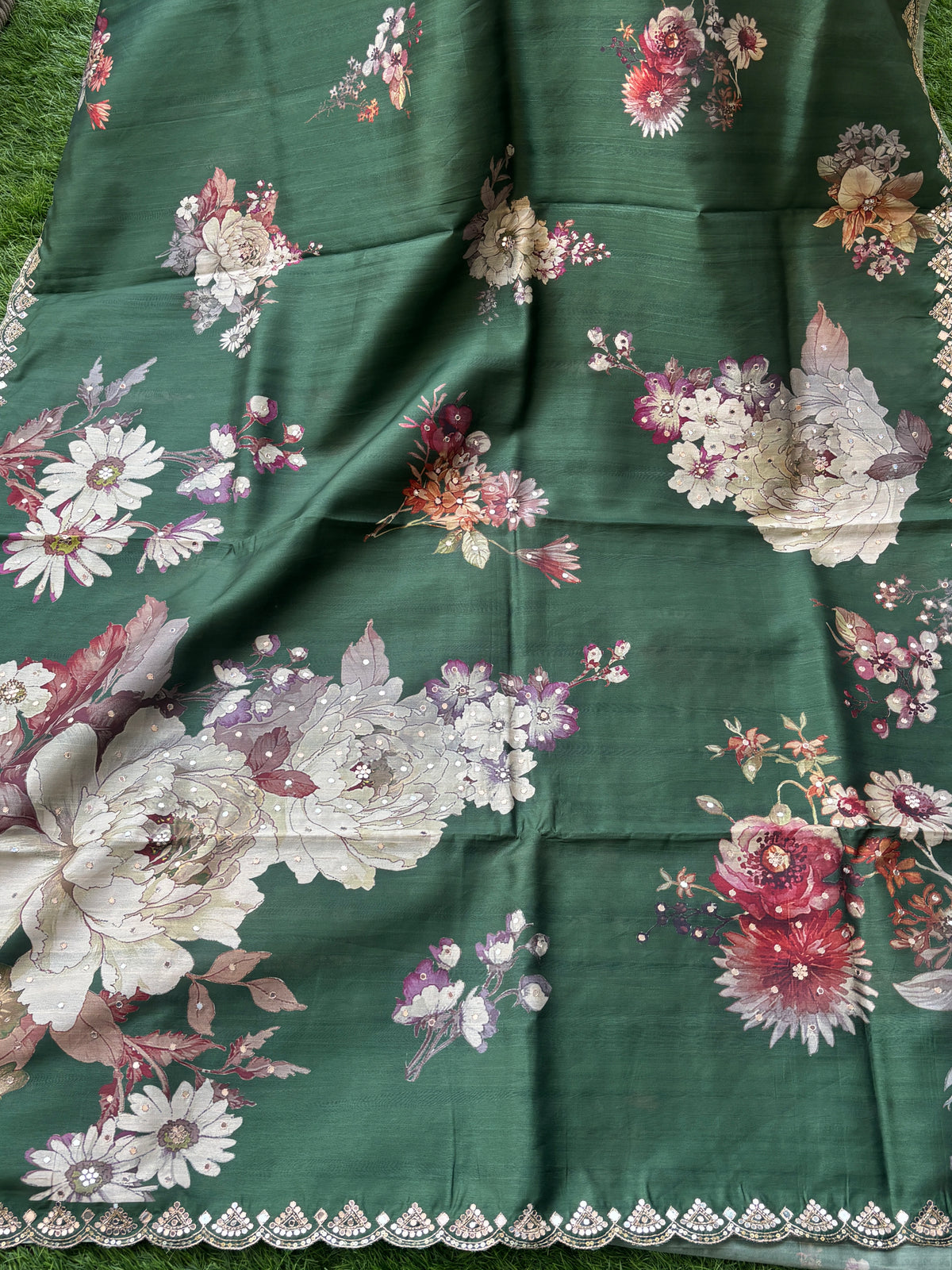 Elegant Bottle Green Pure Tusser Silk Saree with Digital Floral Print & Mirror Work Border