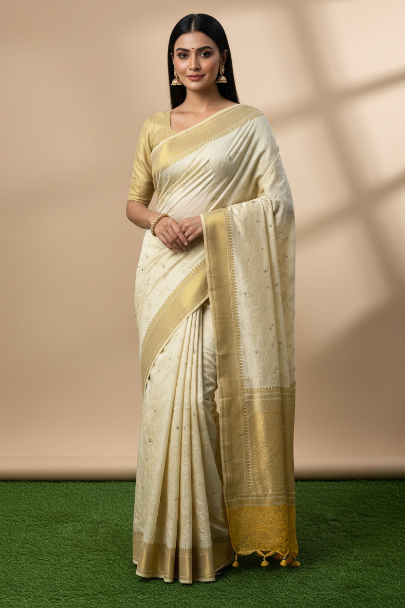 Lemon Yellow Chilia Silk Saree with Allover Silver Butta | Chandrika Lifestyles