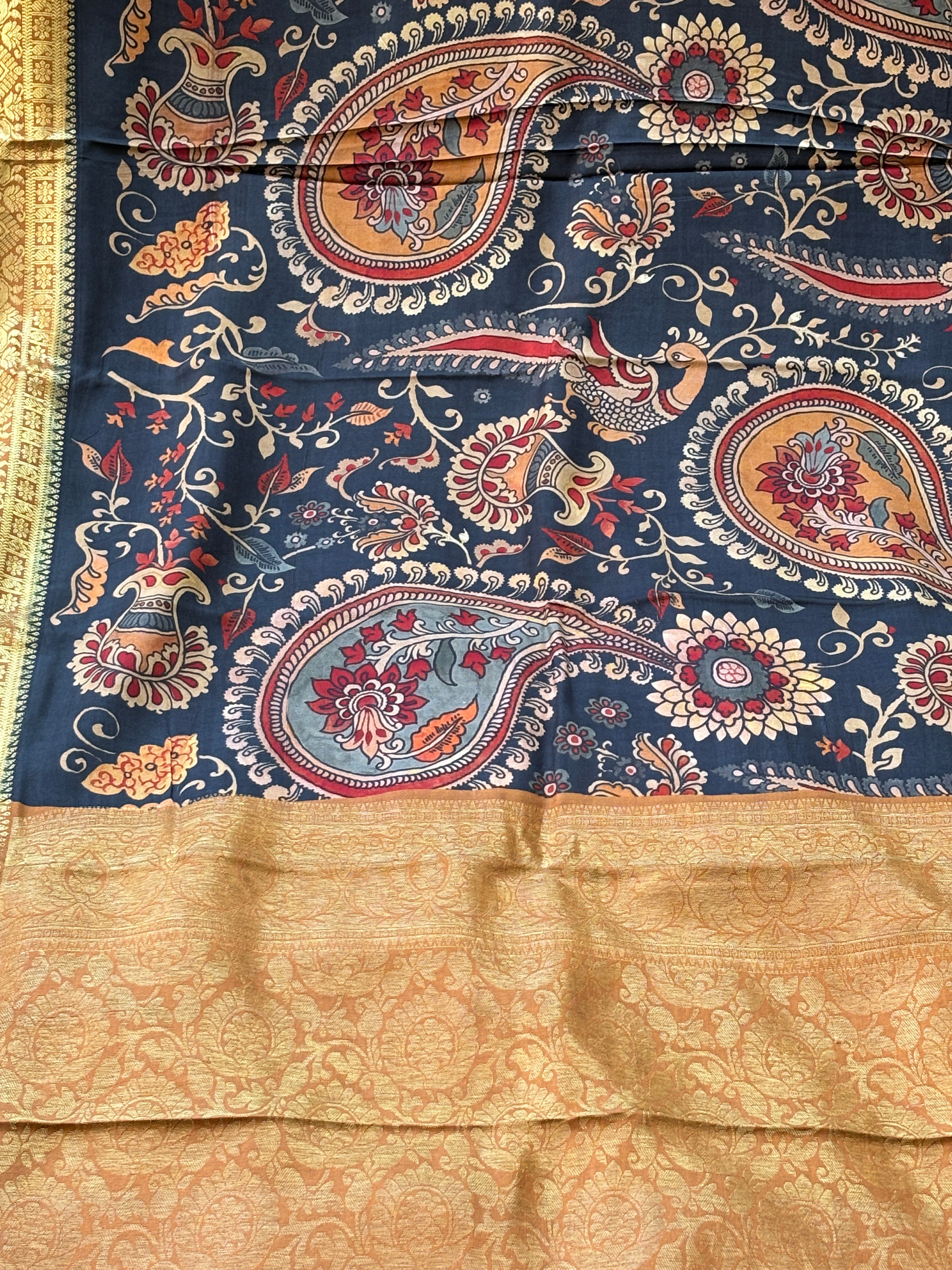 Dark Navy Blue Pure Silk Digital Floral Saree with Broad Dharmavaram Zari Border