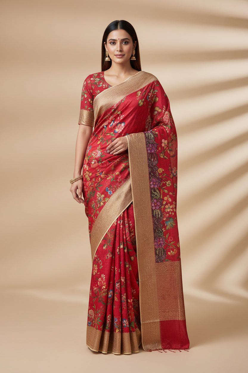 Chandrika Lifestyles | Red Banarasi Mercerized Cotton Saree – Digital Print with Antra Border
