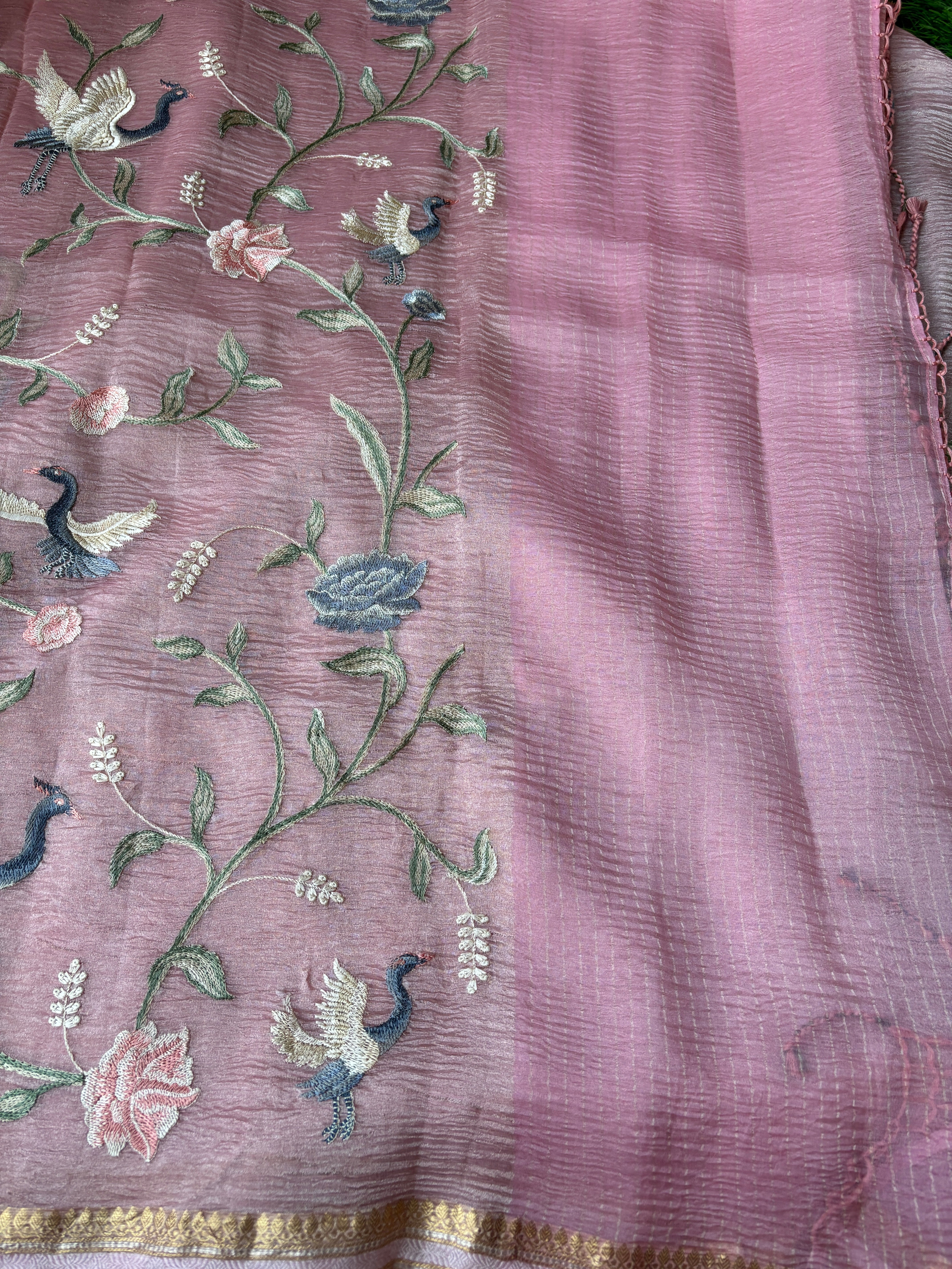 Baby Pink Pure Crush Tissue Kora Organza Designer Saree with Thread Embroidery
