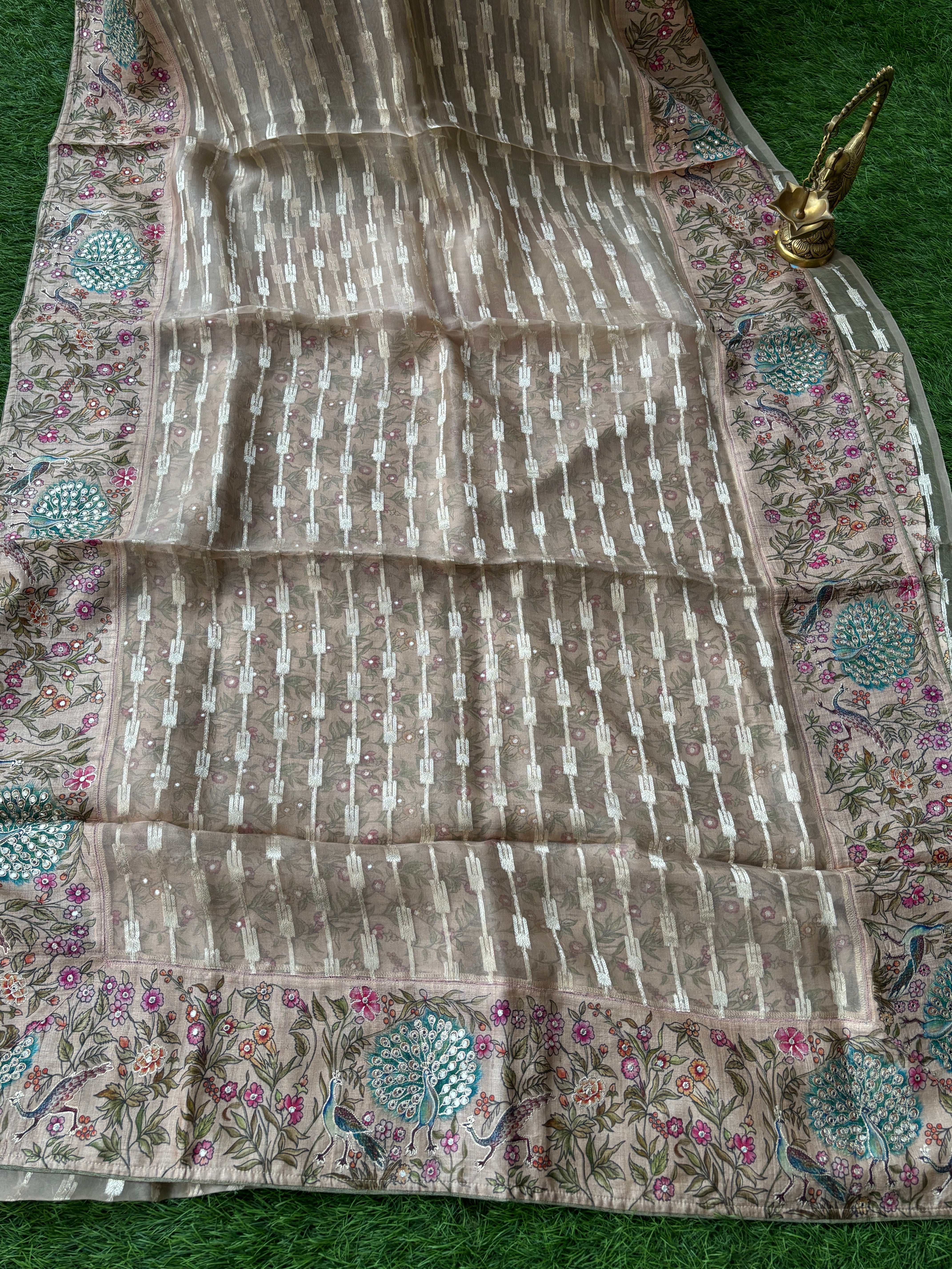 Beige Tissue Kora Saree with Figure Embroidery & Allover Zari Weaving | Chandrika Lifestyles