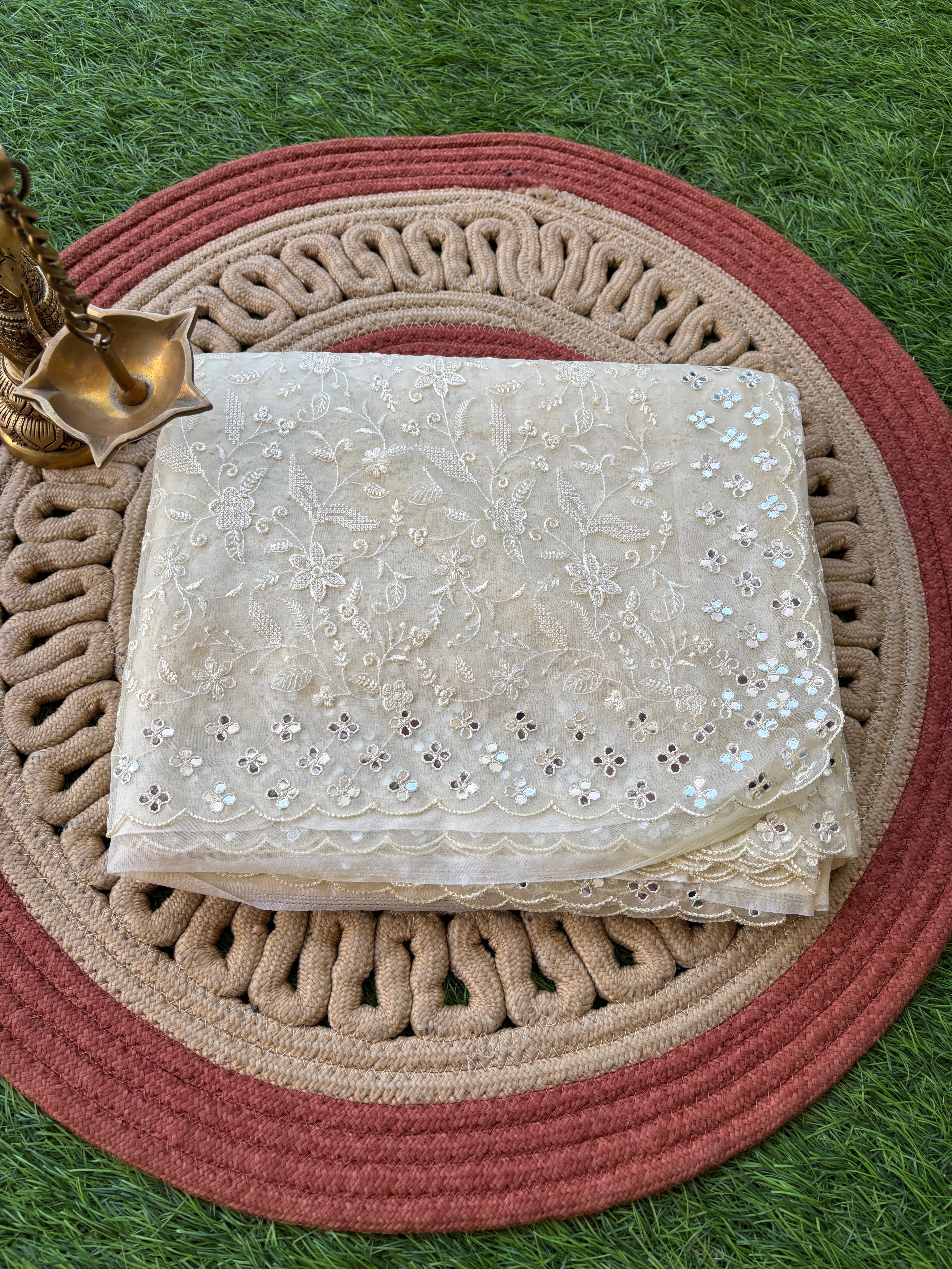 Off White Pure Organza Saree with Allover Thread Embroidery & Cutwork | Chandrika Lifestyles