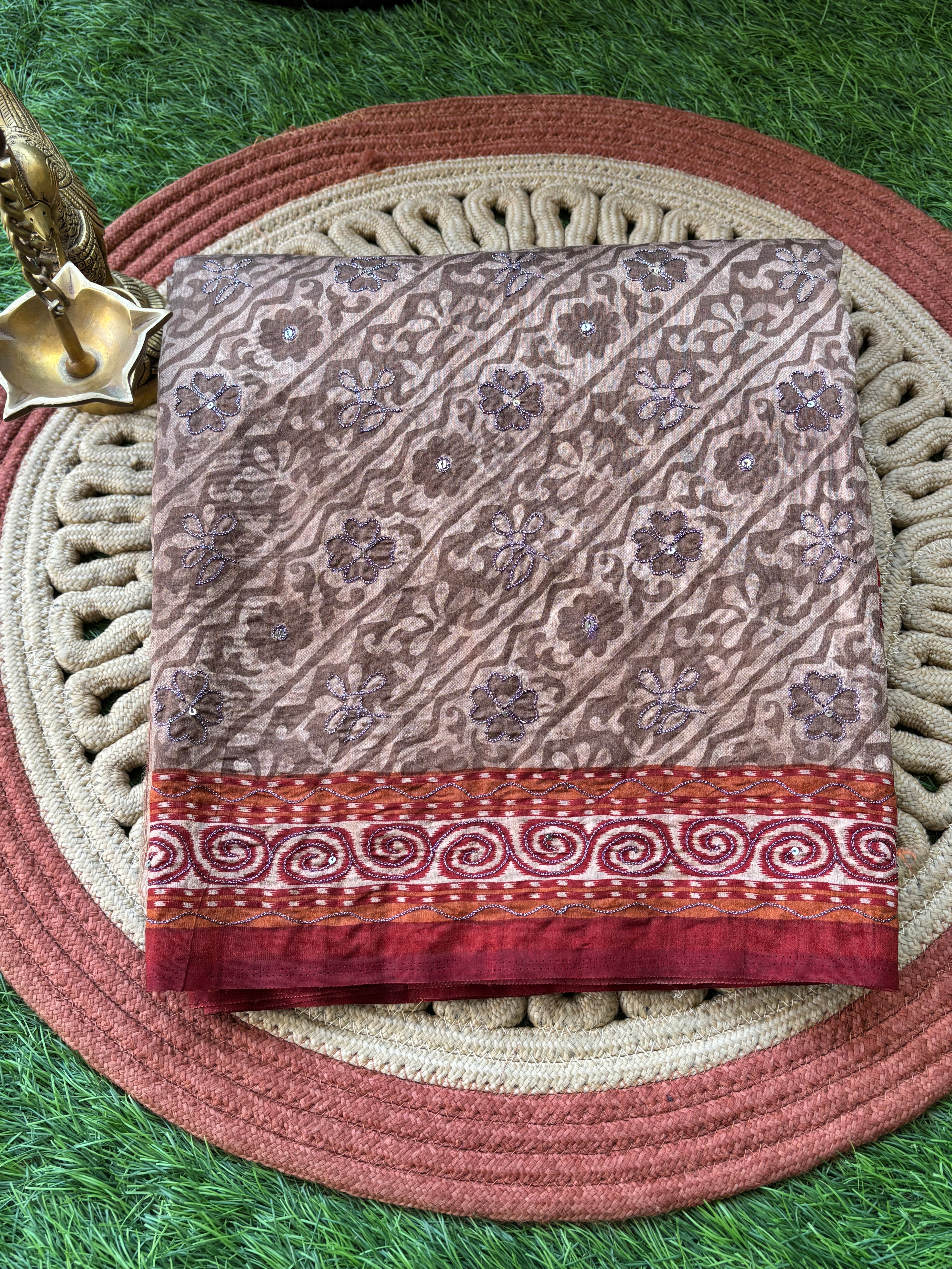 Biscuit Brown Banarasi Mercerised Cotton Saree with Zari Thread Embroidery & Red Border