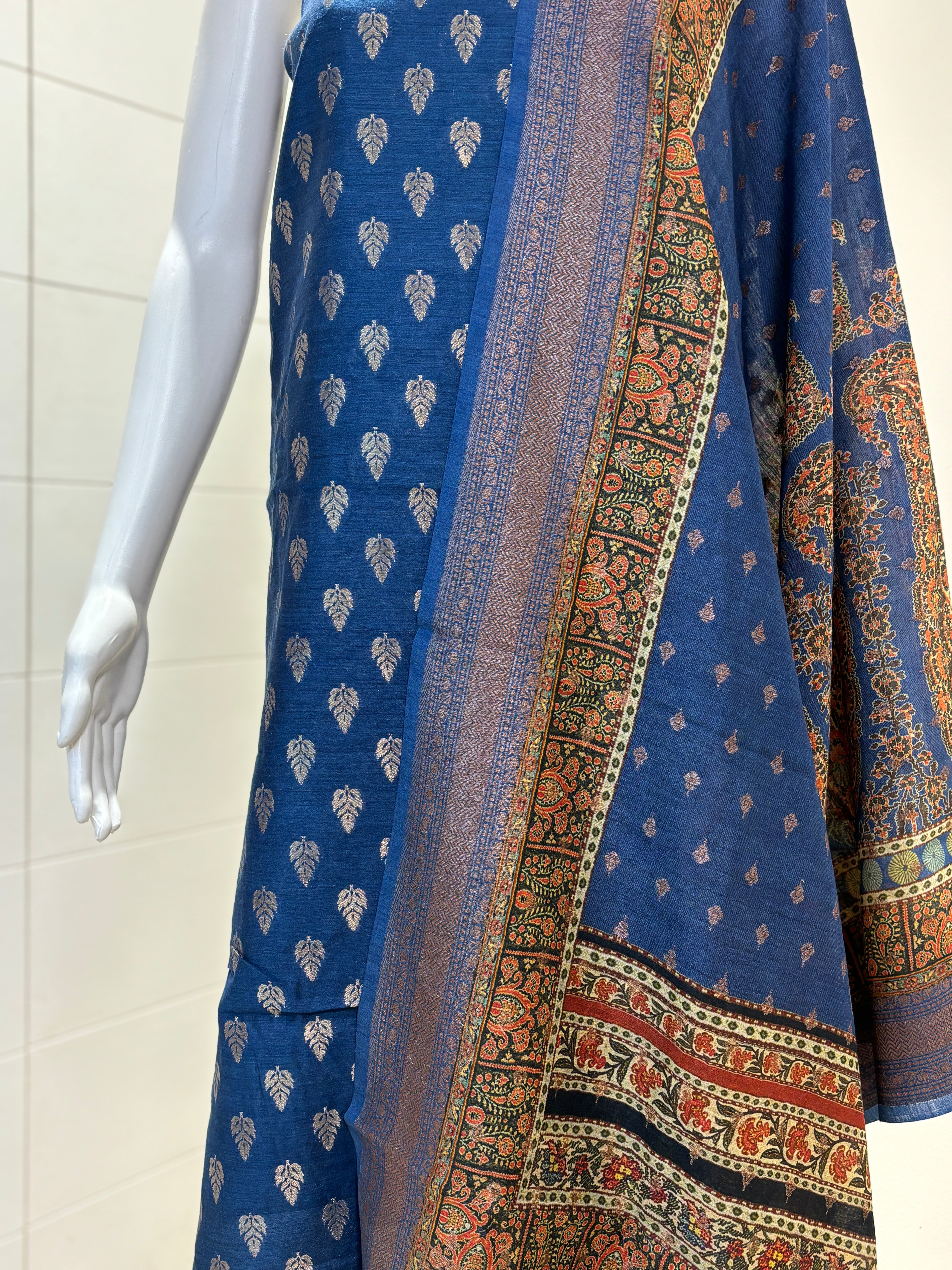 Pure Navy Blue Banarasi Suit Material with All-Over Zari Butta & Meenakari Woven Dupatta