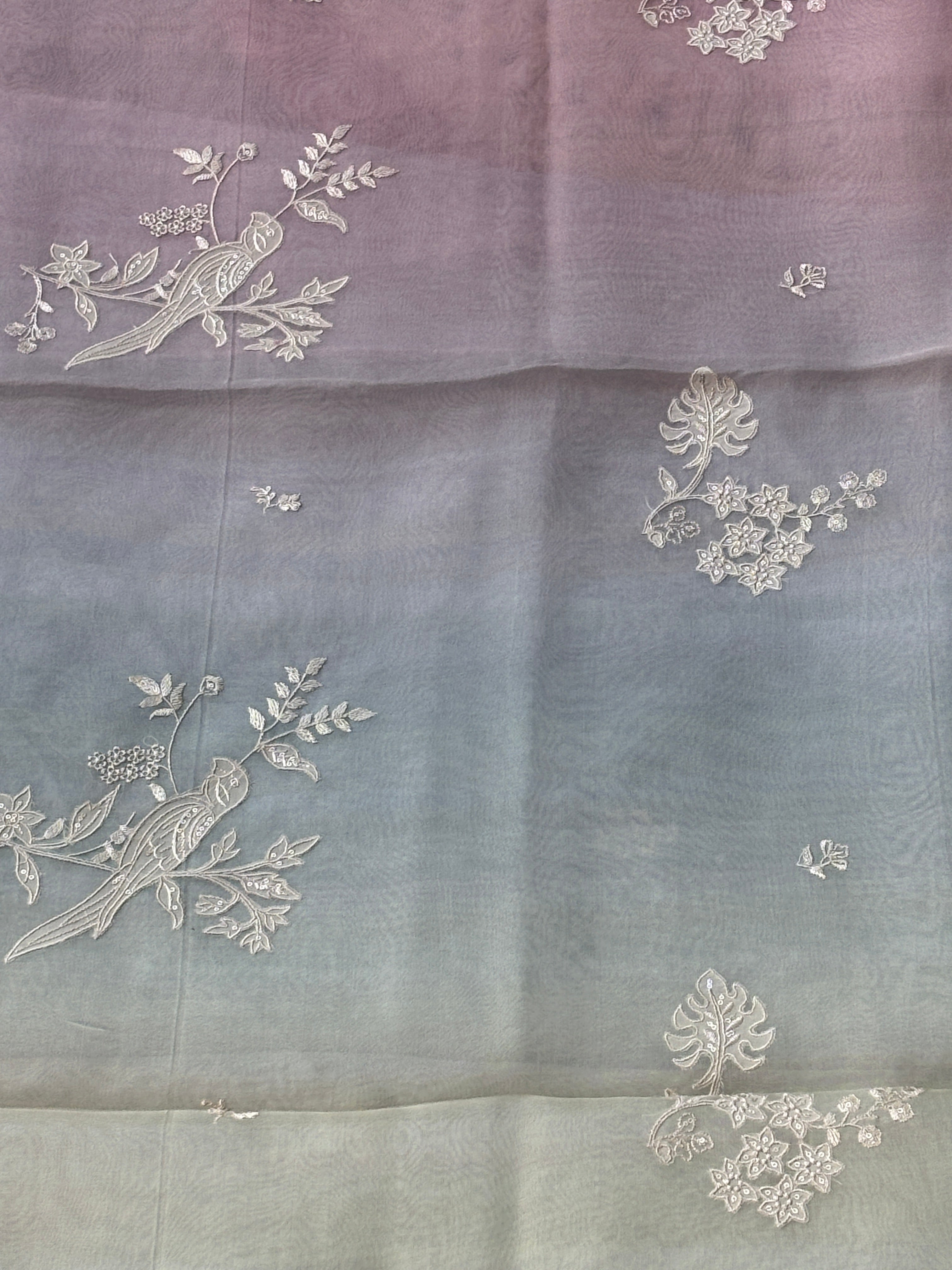 Close-up of Embroidery on Pastel Tissue Organza Saree