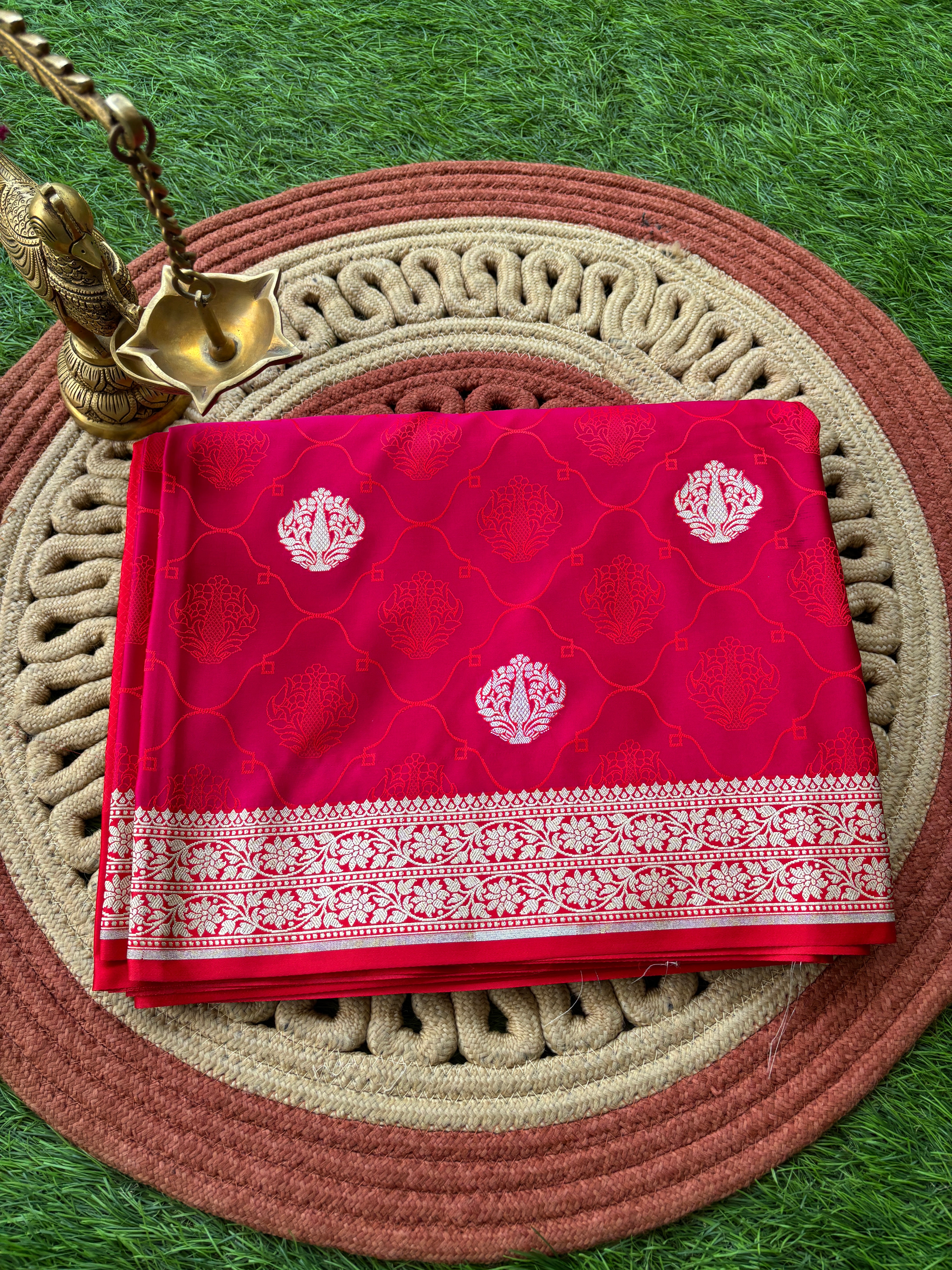 Rani Pink Banarasi Saree with Allover Zari Buttis (Two-Tone) | Chandrika Lifestyles