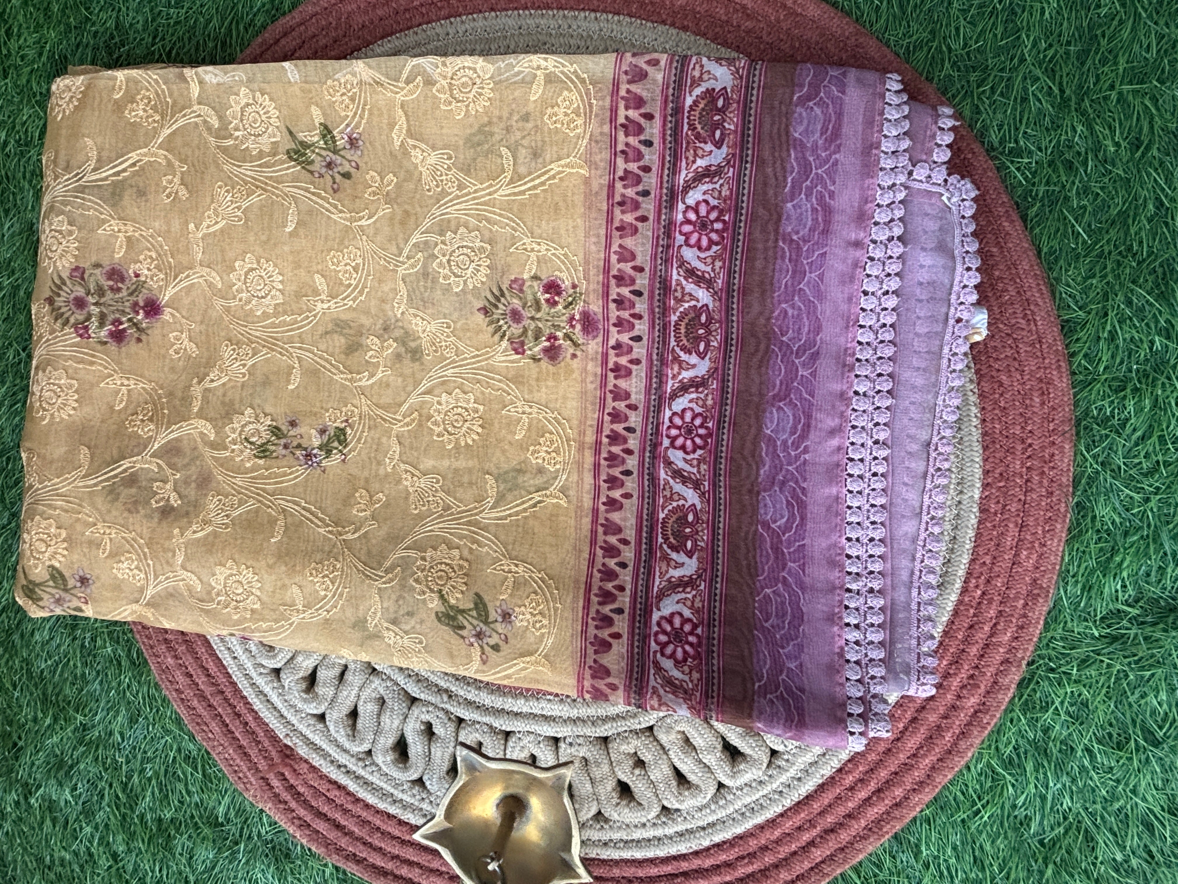 Mustard Yellow Pure Organza Saree with Thread Embroidery & Pichwai Digital Printed Pallu