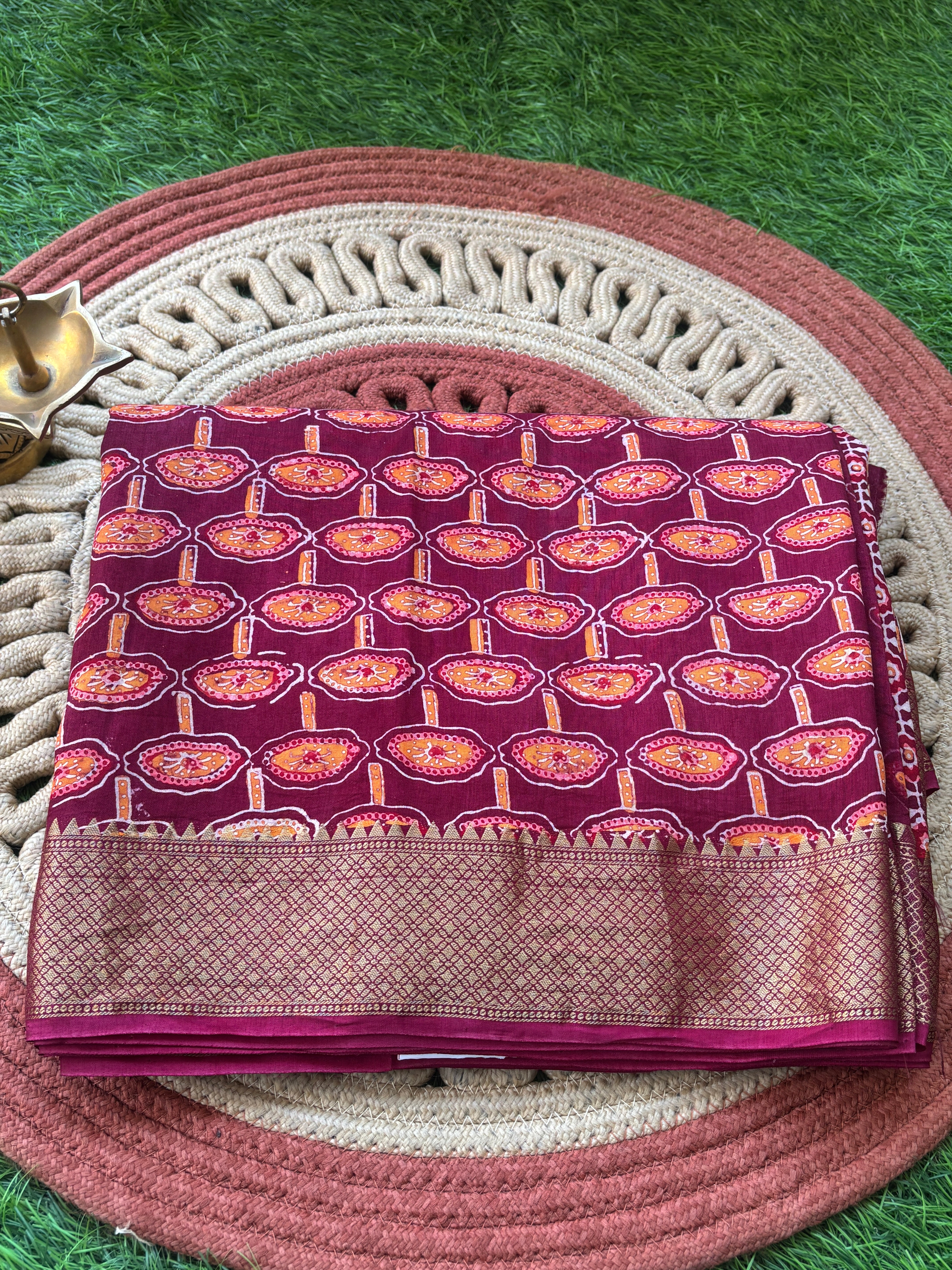 Maroon Ajrak Handblock Printed Cotton Saree with Zari Border | Chandrika Lifestyles