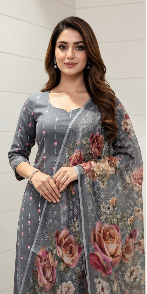 Chandrika Lifestyles | Grey Linen Suit – Floral Dupatta