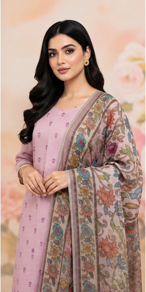 Chandrika Lifestyles | Onion Pink Linen Suit – Lotus Embroidery