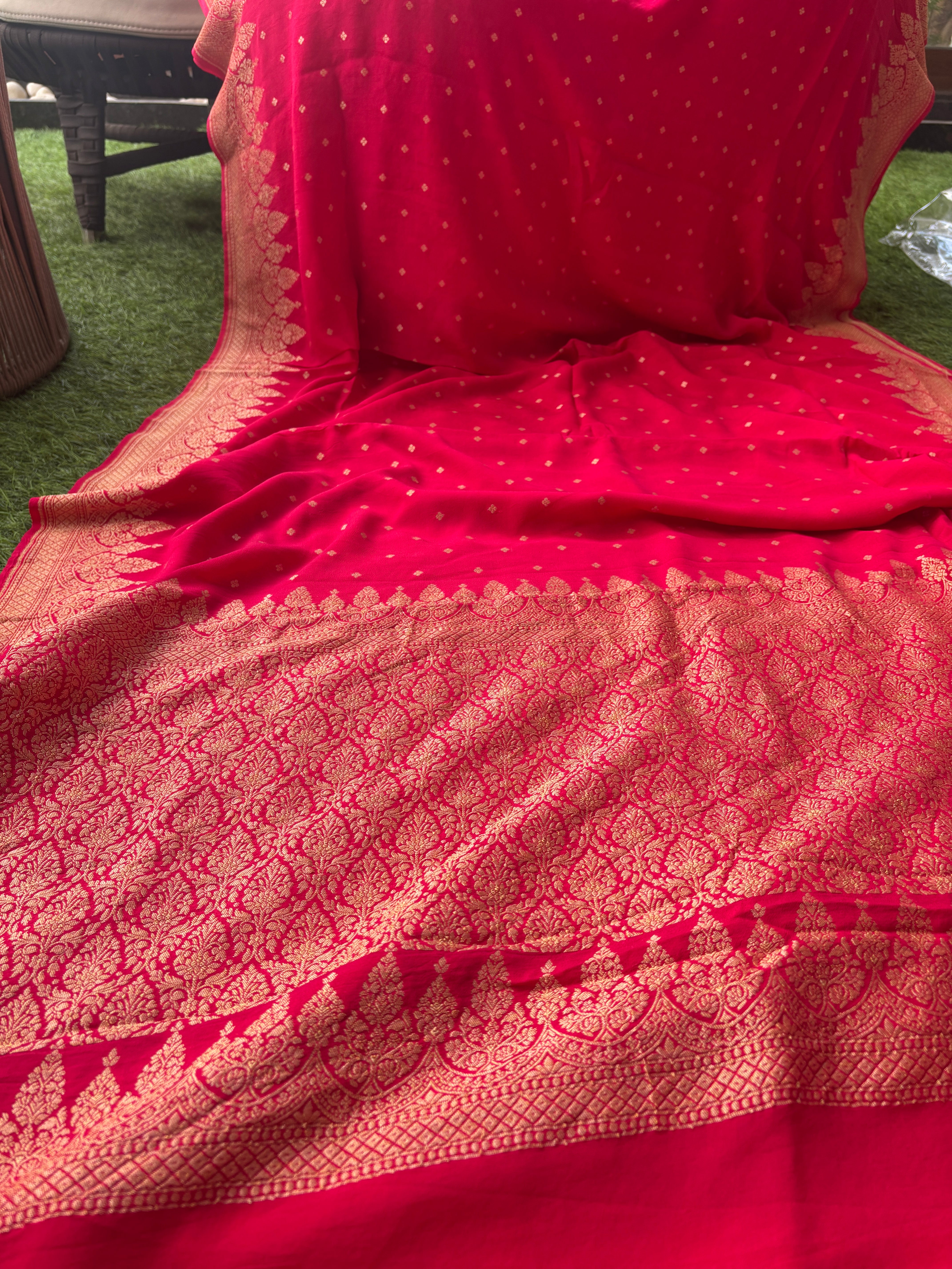pink red Khaddi chiffon Banarasi Saree – Handwoven Elegance | Chandrika Lifestyles