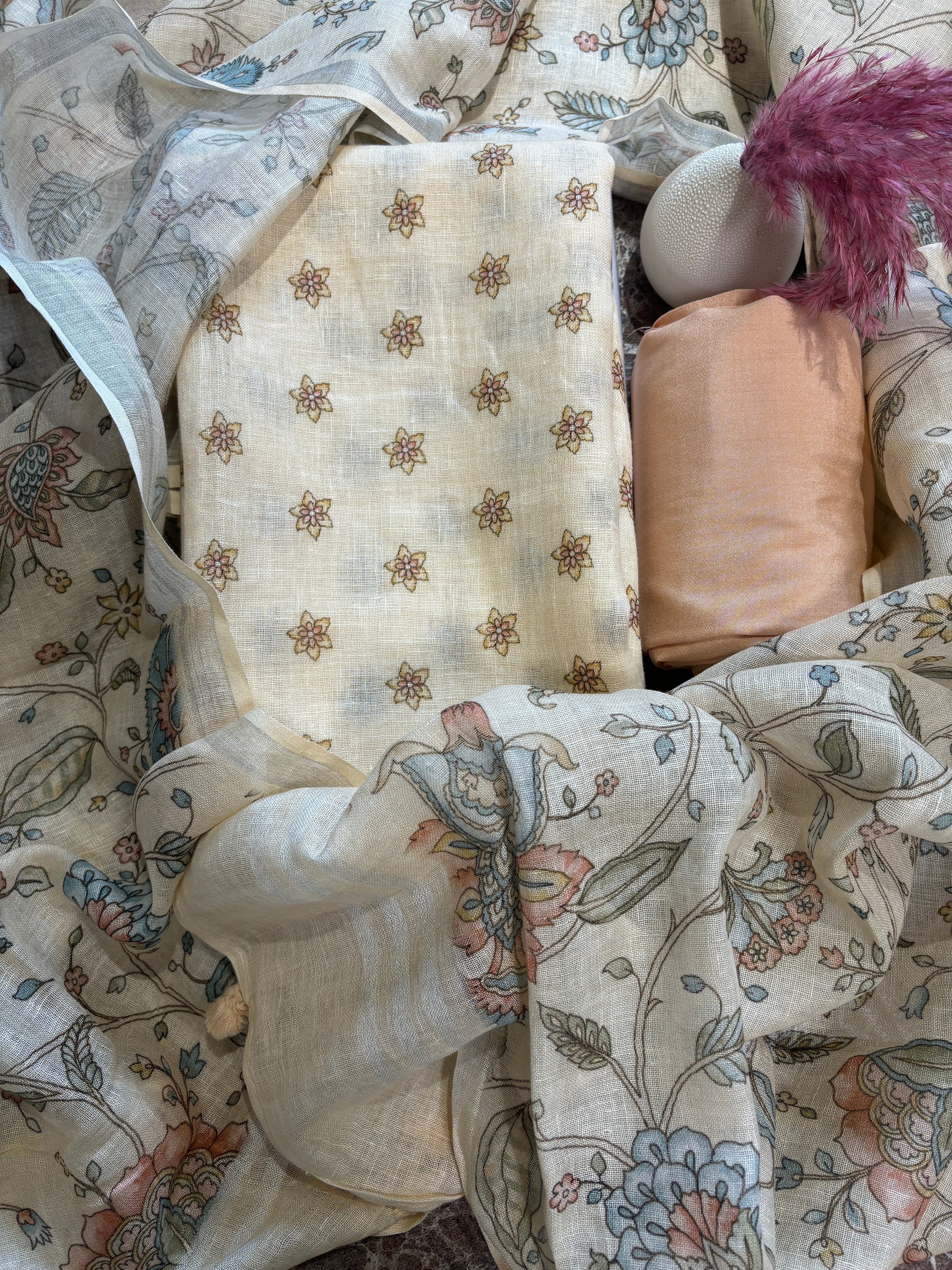 Chandrika Lifestyles | Peach & Pink Linen Suit – Floral Print